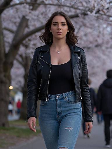 Photograph of a confident woman with dark hair, wearing a black leather jacket, black tank top, and blue jeans, walking down a cherry blossom-lined