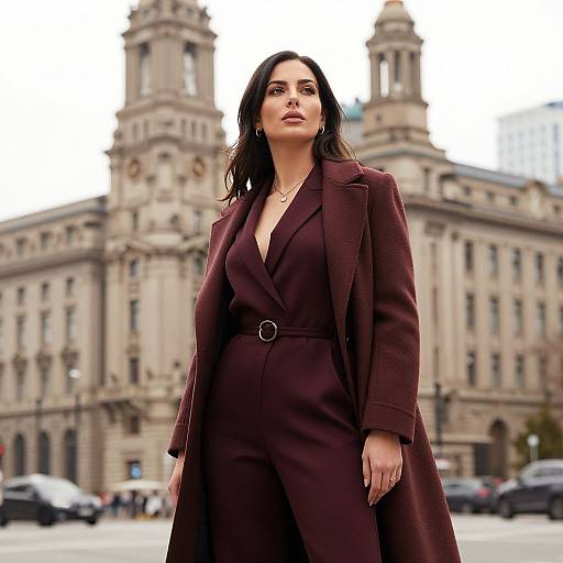 Photograph of a confident woman with dark hair, wearing a deep maroon, belted coat and matching pants, standing in front of an ornate