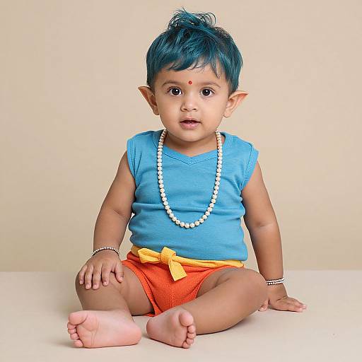 Photograph of a young Indian baby with blue hair, pointed ears, wearing a blue shirt, orange shorts, pearl necklace, and a red bindi