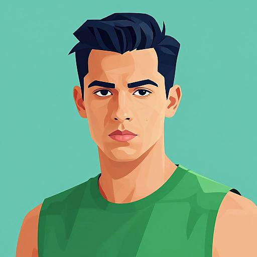 Digital illustration of a handsome man with short dark blue hair, green shirt, and light skin against a turquoise background.