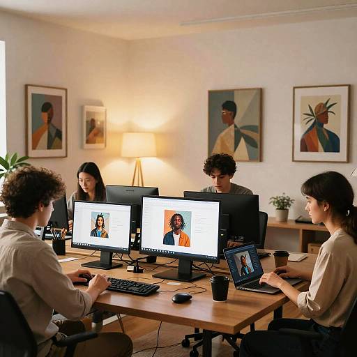 Photograph of four diverse, young professionals working in a modern, well-lit office with wooden desks, laptops, and abstract art on the walls.