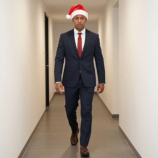 Photograph of a Black man in a navy suit, red tie, and Santa hat walking down a white-walled hallway.