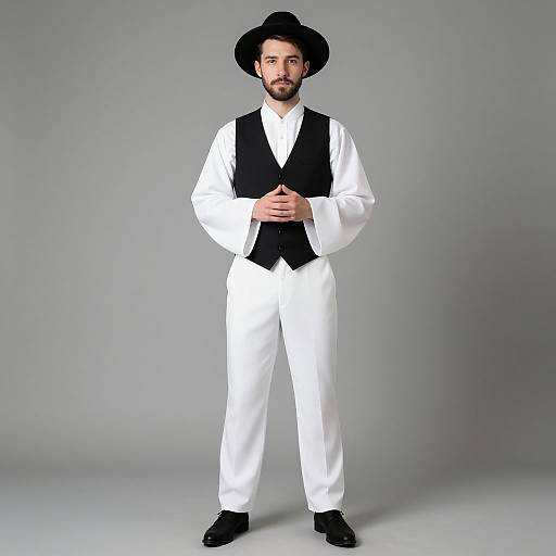 Photograph of a bearded man in white pants and shirt, black vest, and wide-brimmed hat, standing against a gray background.