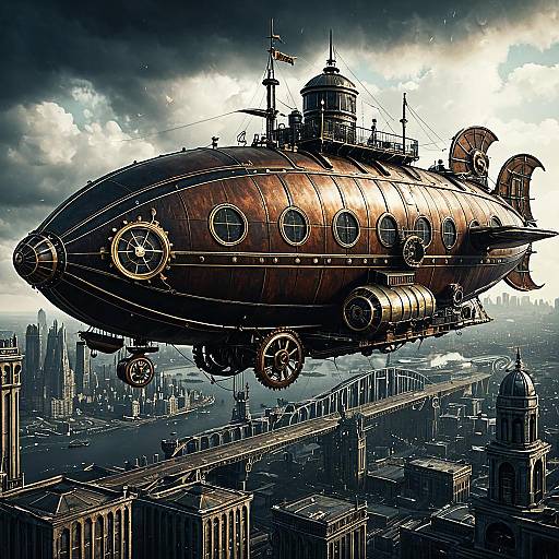 Steampunk Airship Over Industrial Cityscape