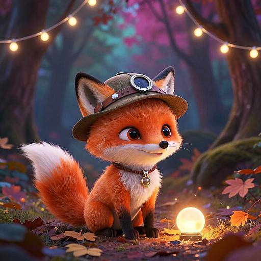 Cute digital illustration of a small, fluffy fox wearing a brown hat and collar, sitting by a glowing light in a magical forest with colorful autumn leaves