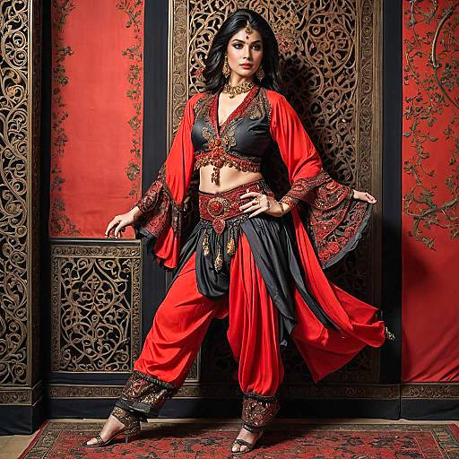 Exotic Belly Dancer in Red and Black Outfit