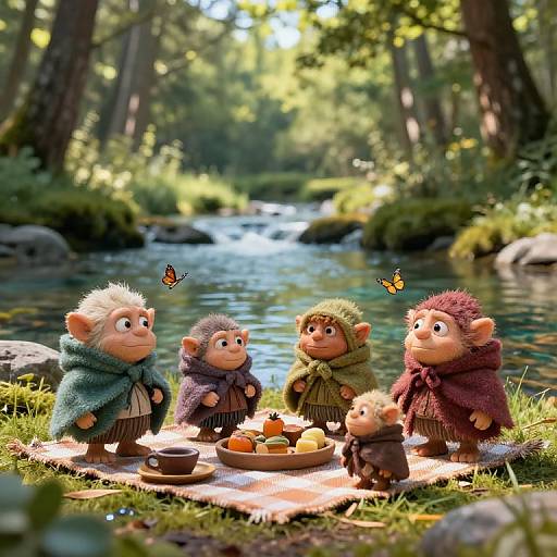 Photograph of five whimsical, cartoonish monkeys in cozy woolen capes, sitting around a picnic on a grassy riverside, with butterflies