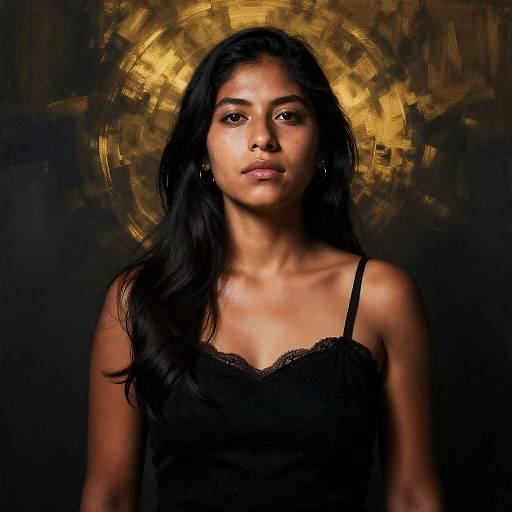 Photograph of a serious-looking South Asian woman with long black hair, wearing a black lace-trimmed camisole, against a dark, golden