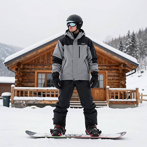 Snowboarder in Front of Log Cabin