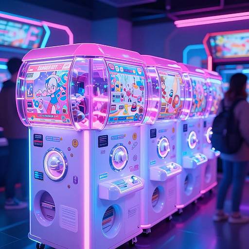 Photograph of neon-lit, colorful arcade game machines in a dimly lit arcade, with vibrant, illuminated screens and buttons. Background includes blurred figures