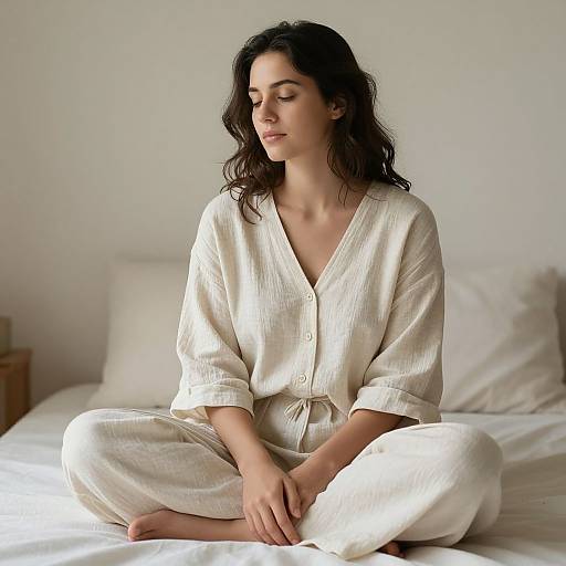 Photograph of a serene woman with wavy dark hair, wearing a white, loose-fitting, V-neck, button-up pajama set, sitting