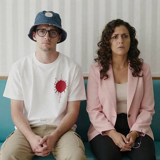 Two People Sitting on Bench with Concerned Expressions