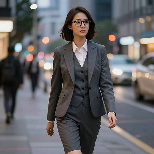 Brunette in Three-Piece Suit Walking