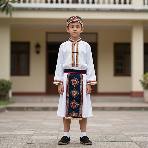 Photograph of young boy standing on stone pathway, wearing white traditional outfit with red and gold embroidery, dark headband, white socks, and black sandals