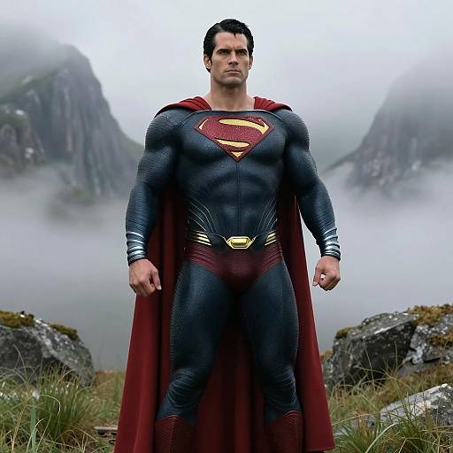 Muscular Superman in Misty Mountain Scene