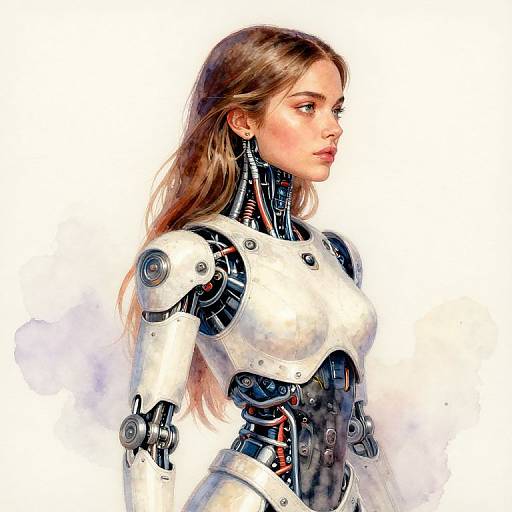 Digital artwork of a beautiful, cybernetic woman with long brown hair, white armor, and exposed mechanical joints, gazing forward.