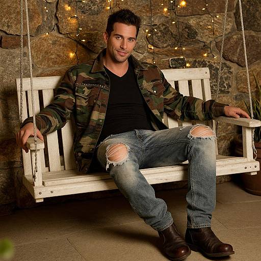 Photograph of a casually dressed man with short dark hair, wearing a camo jacket, black shirt, ripped jeans, and brown boots, sitting on