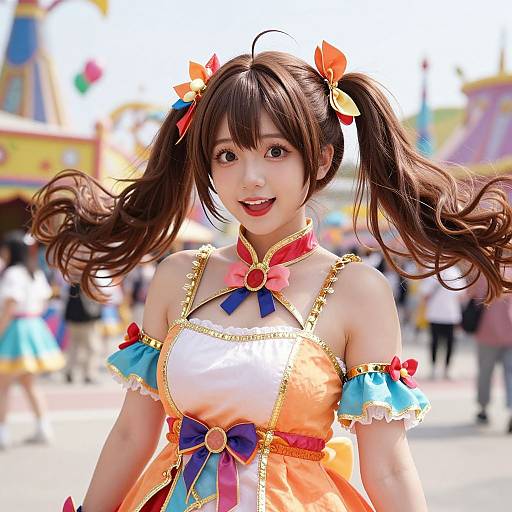 Photograph of an Asian woman in a colorful, anime-inspired, sleeveless dress with puffed sleeves, twin tails, and vibrant ribbons, smiling
