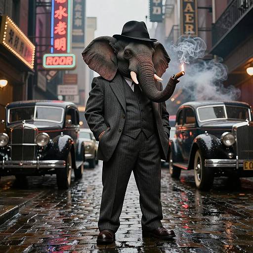 Photograph of an anthropomorphic elephant in a pinstripe suit, black fedora, holding a lit cigar, standing on a rain-soaked street