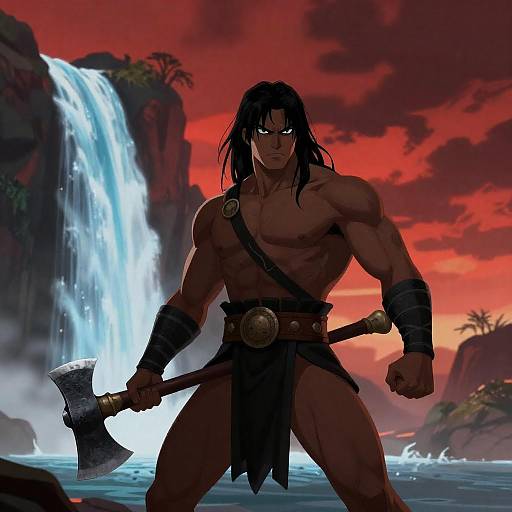 Muscular Warrior with Axe by Waterfall at Sunset