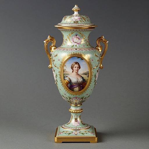 Ornate, light turquoise porcelain vase with gold accents, floral patterns, and an oval portrait of a woman in 18th-century clothing, standing