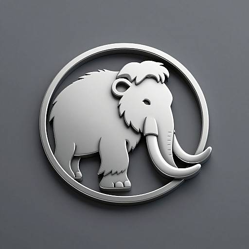 Digital logo of a stylized white woolly mammoth with detailed fur and curved tusks, enclosed in a silver circular frame, against a dark gray