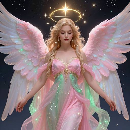 Digital art of a blonde angel with glowing pink and green wings, wearing a sparkling pink gown, halo above head, in a starry night sky.