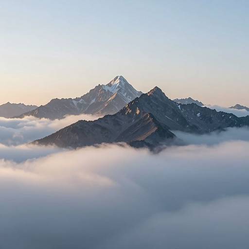 Photograph of a snow-capped mountain peak emerging from a sea of clouds at sunrise, with blue sky and soft morning light.
