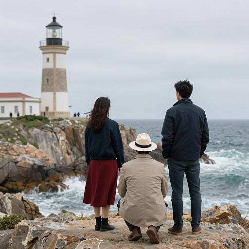 Three People by Coastal Lighthouse
