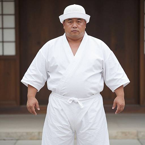 Photograph of a middle-aged Asian man with a round face, wearing a white karate gi and hat, standing in front of a wooden door.