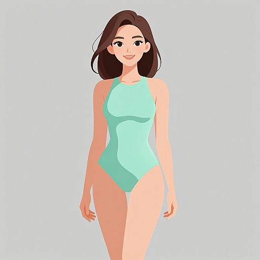 Digital illustration of a smiling woman with light brown hair in a light blue one-piece swimsuit, standing against a white background.