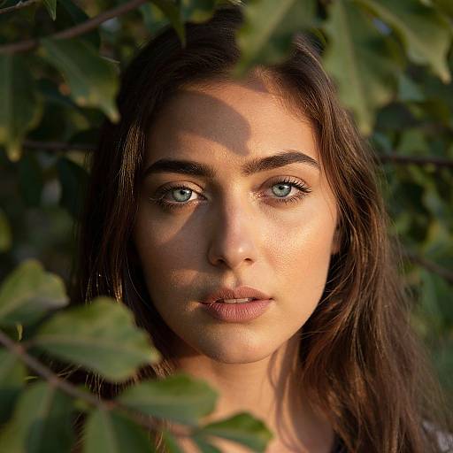 Photograph of a young woman with olive skin, blue eyes, and dark brown hair, partially obscured by green leaves, bathed in sunlight.