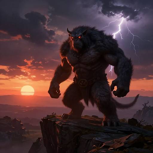 Digital artwork of a muscular, furry werewolf with glowing red eyes, standing on a cliff during a dramatic sunset, lightning illuminating the dark stormy