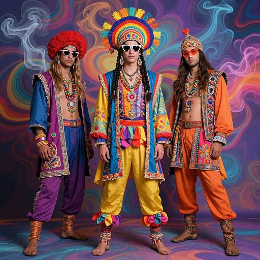 Photograph of three people in vibrant, colorful 1960s-inspired outfits with headpieces, sunglasses, and smoke effects against a psychedelic background.