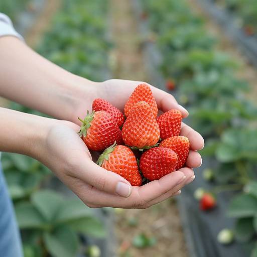 Photograph of light-skinned hands cupping bright red, ripe strawberries in a garden, with blurred green foliage and soil in the background.