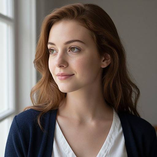 Photograph of a fair-skinned, brown-haired woman with light makeup, wearing a navy cardigan over a white shirt, looking to the left with