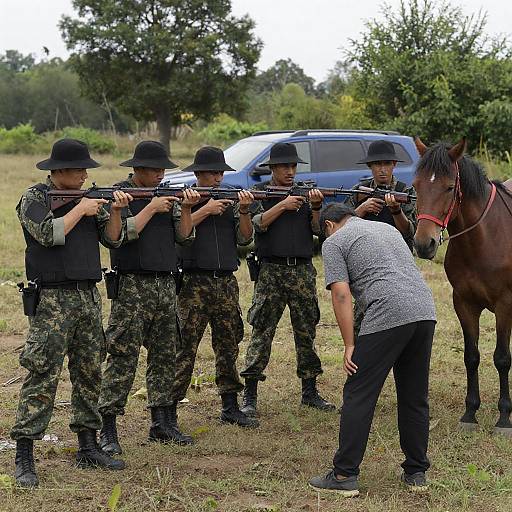 Intense Soldiers Confronting a Man Outdoors