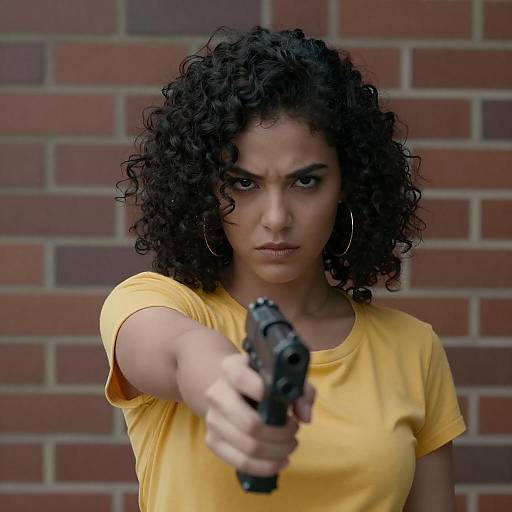 Woman Holding Handgun with Intense Expression