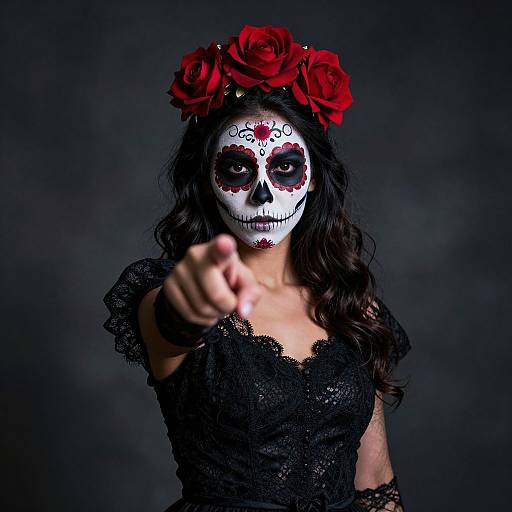 Photograph of a woman with black lace dress, white face paint skull, red flower crown, and extended finger, against dark background.