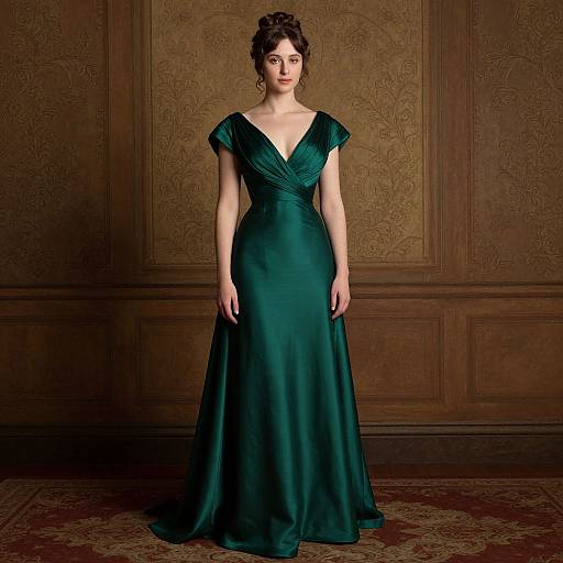 Photograph of a woman in a deep emerald green, V-neck, satin evening gown with short sleeves, standing against an ornate, brown pattern
