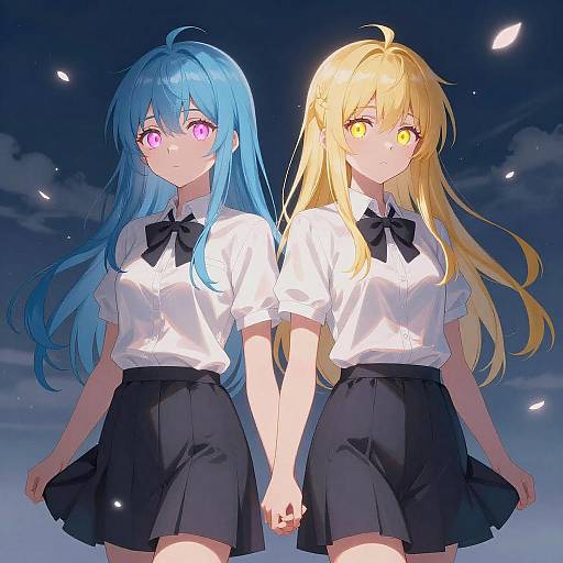 Anime Two Girls Holding Hands at Night
