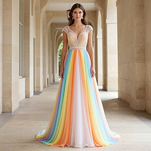Photograph of a young woman with dark, wavy hair, wearing a white lace bodice and a rainbow-colored, floor-length, ball gown,