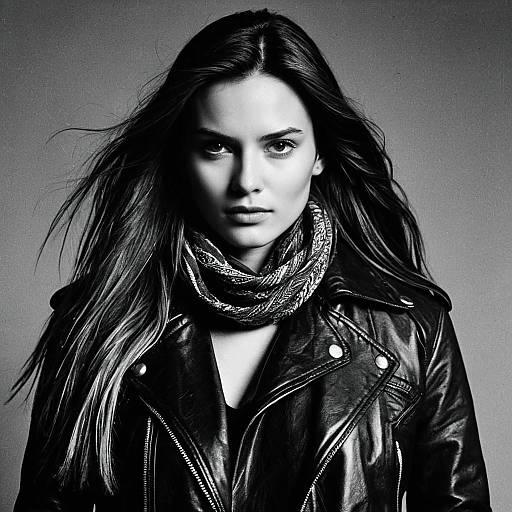 Black-and-white photograph of a serious-looking woman with long, wind-swept hair, wearing a leather jacket and patterned scarf, against a gradient