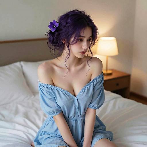 Photograph of an Asian woman with purple hair in a flower clip, wearing an off-shoulder light blue dress, sitting on a bed with white