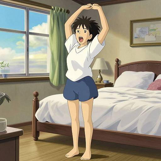 Anime-style drawing of a surprised girl with short black hair, wearing a white t-shirt and blue shorts, stretching in a sunlit bedroom.