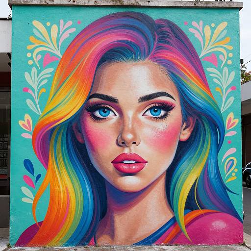 Vibrant digital graffiti portrait of a woman with blue eyes, pink cheeks, red lips, and rainbow-colored hair against a turquoise background with floral patterns