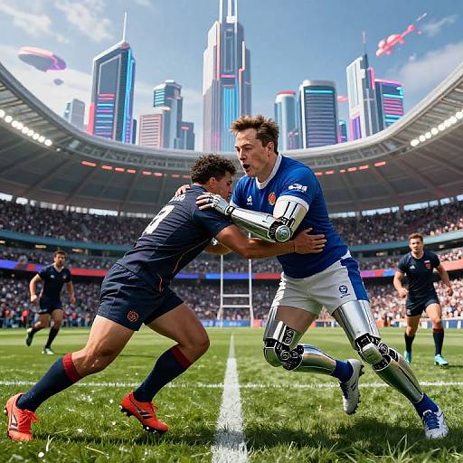 Photorealistic CGI of a rugby match in a futuristic stadium, showing two players in intense tackle, one with robotic leg, modern cityscape background.