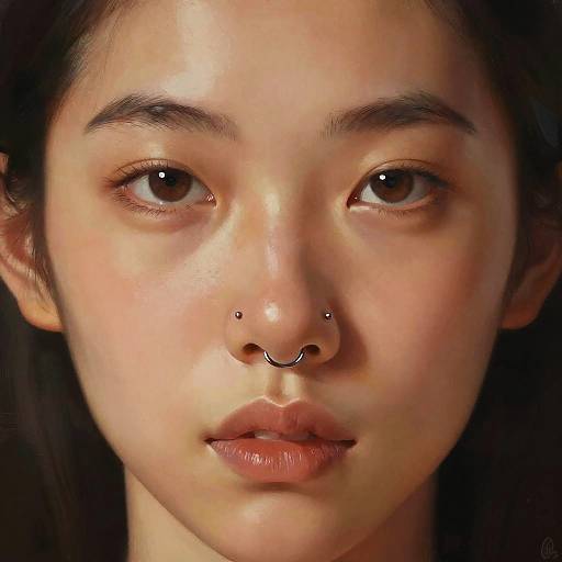 Photograph of an Asian woman with fair skin, dark hair, brown eyes, and nose piercings, including a hoop and stud, looking directly