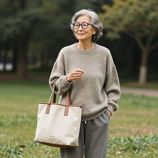 Photograph of an elderly Asian woman with short gray hair, glasses, gray sweater, and gray pants, carrying a white tote bag, standing in a