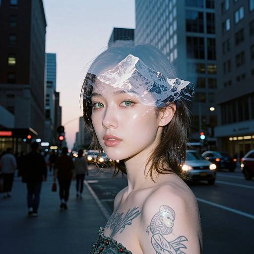 Photograph of a tattooed Asian woman with short black hair, wearing a silver foil headpiece, standing on a city street at dusk, surrounded by